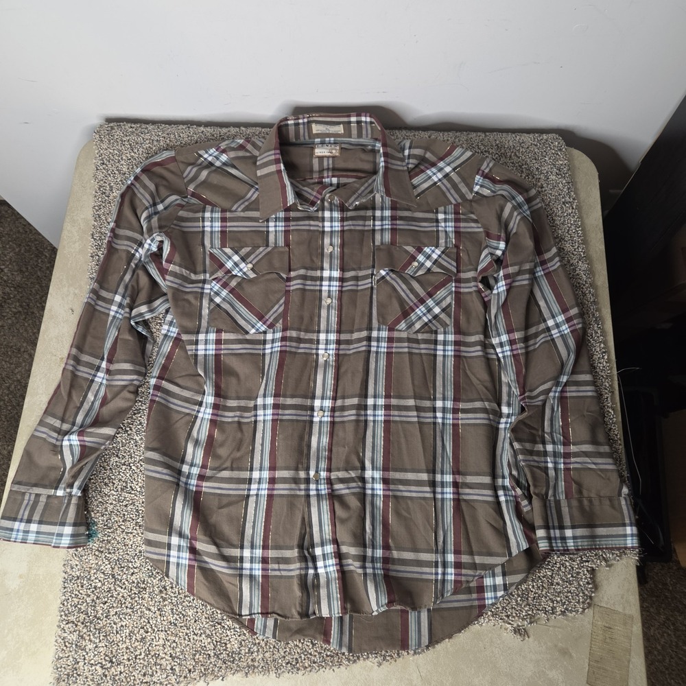 Levis Vintage Western Pearl Snap Shirt XL Brown Plaid Gold Tinsel Metallic Korea